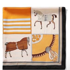 Women’s Yellow Satin Neckchief Imitation Silk Horse Print Scarf Artsy Bandanna